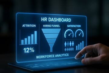 HR dashboard and workforce analytics on a transparent screen, the concept of technology.