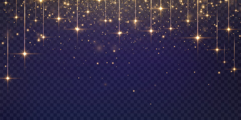 Fototapeta premium Vector magical stars and dusty light. Flying particles of light. Christmas light effect. Sparkling particles of fairy dust glow in transparent background. Vector illustration isolated on png.