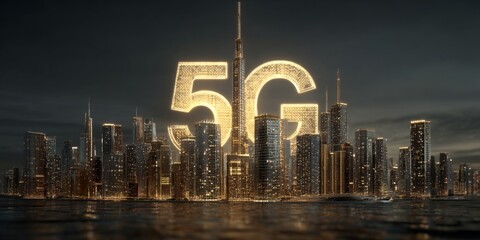 Futuristic city skyline with illuminated buildings and a large digital 5G network symbol representing modern technology and connectivity at night