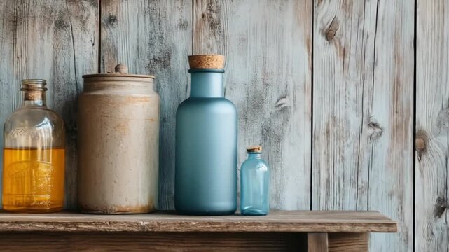Rustic shelf with various blue and amber bottles, a stoneware jar, against wooden wall