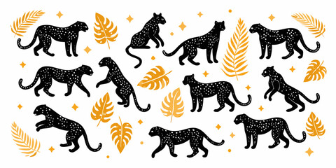 Stylized pattern featuring silhouettes of black panthers and tropical foliage