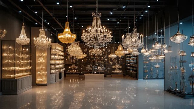 close-up of trendy LED pendant lights hanging in construction hypermarket, modern retail store lighting display