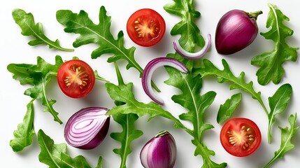 Fresh vegetables including vibrant cherry tomatoes, purple onions, and arugula leaves arranged artistically on a white background, showcasing healthy eating and culinary creativity