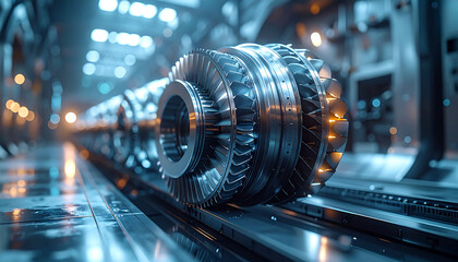 Precision in Motion: A close-up shot of gleaming metal machine parts arrayed along a production line inside an industrial setting, symbolizing precision, technological advancement.