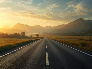 Fototapeta premium Open road leading towards majestic mountains at sunset