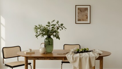 Elegant Dining Setup with Fresh Flowers and Fruits in a Minimalist Home Interior