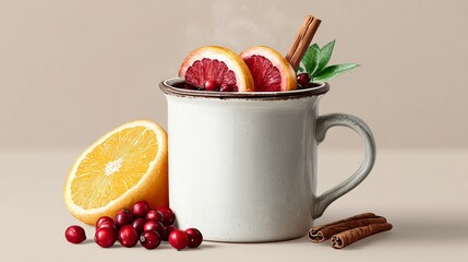 Warm beverage in a rustic mug garnished with citrus slices, cranberries, and cinnamon sticks, creating a cozy atmosphere perfect for winter gatherings and festive celebrations