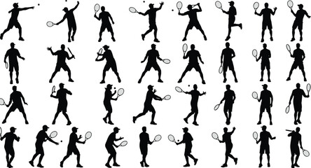Tennis player silhouette collection, dynamic racket sport poses with ball interaction, action movement illustrations for coaching, training, competition, fitness vector set