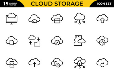 Fototapeta premium Cloud Storage Backup Collection of Data-related icons, including data storage, cloud storage data, technology services, server, Data thin line icons. Thin outline icons pack. Vector illustration