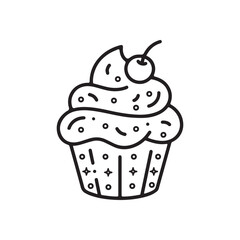 Cupcake Line Art Vector Illustration with Frosting and Cherry for Bakery Dessert and Sweet Food Design