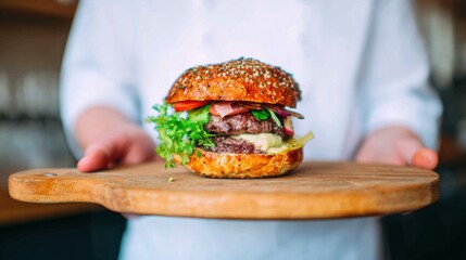 Chef holds a burger on a wooden board in a restaurant kitchen setting