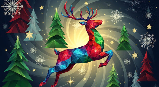 A vibrant and colorful reindeer leaps through a magical winter forest, surrounded by stylized christmas trees and sparkling snowflakes, creating a whimsical and festive holiday scene filled with light