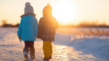 Fototapeta premium Children walk together on a snowy path during sunset in a winter landscape