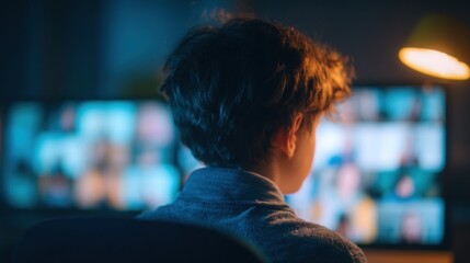 Child participates in online class session with classmates in evening hours