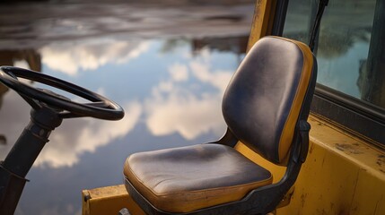 Close up of a worn yellow construction vehicle seat and steering wheel with sky reflections in surrounding puddles