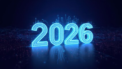 2026 Digital Technology Future Concept. Neon blue numbers over an abstract motherboard background, symbolizing innovation, data networking, speed, and the coming business year.