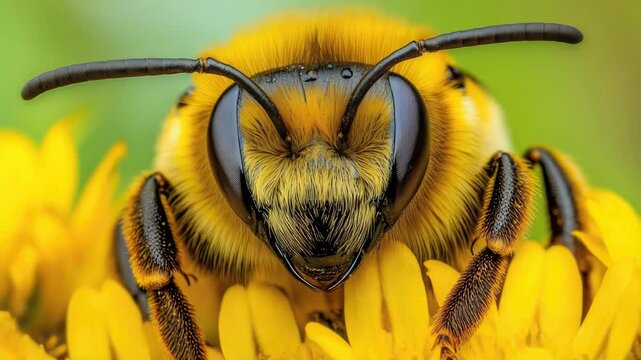 Video A close-up view of a busy bee collecting nectar from a bright yellow flower
