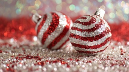 Bright red and silver ornaments lay on a sparkling surface for a festive look