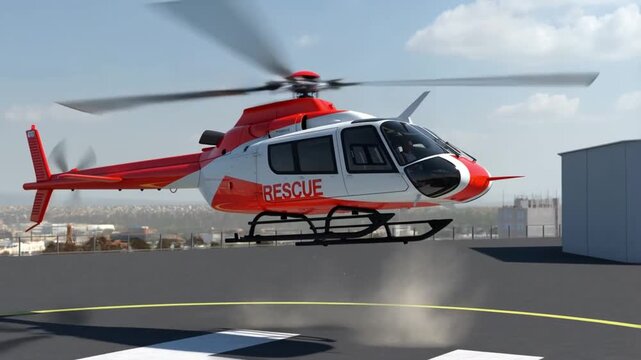 A detailed shot of a rescue helicopter taking off from a helipad, designed to save lives  Stock Video