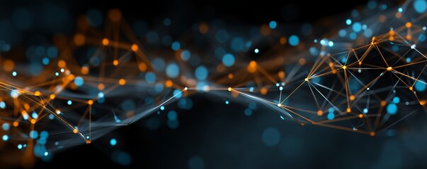 Abstract tech network data connections with orange, blue glowing dots, lines. Artificial intelligence neural network, machine learning, cloud computing concept. Digital transformation strategies