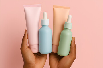 A close-up shot of two hands holding four different skincare containers: two soft tubes (one pink, one peach) and two dropper bottles (one light blue, one mint green) against a solid light pink backgr