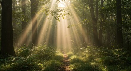 Fototapeta premium Brilliant shafts of sunlight pierce through the dense canopy of a tranquil woodland area