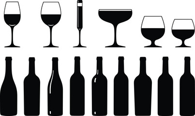 Wine glass and bottle silhouette collection, assorted drinkware styles for bar menus, restaurant branding, alcohol packaging, beverage design, vector icon set