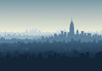 Fototapeta premium Stylized blue and grey layered cityscape illustration with a prominent skyscraper in the urban skyline, depicting a vast metropolitan area.