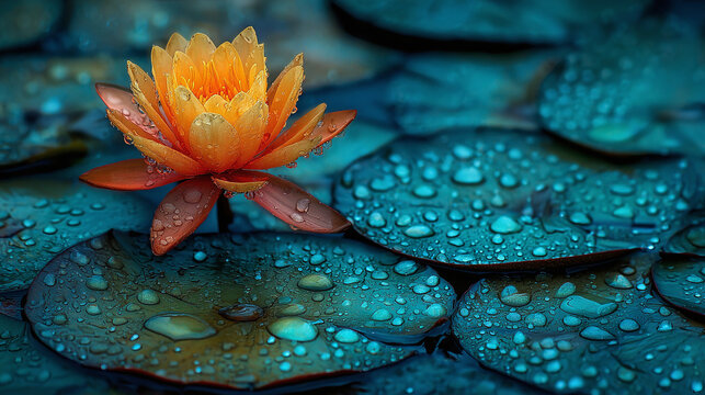 An enchanting close-up of an orange lotus flower floating on water with glistening water droplets - Powered by Adobe