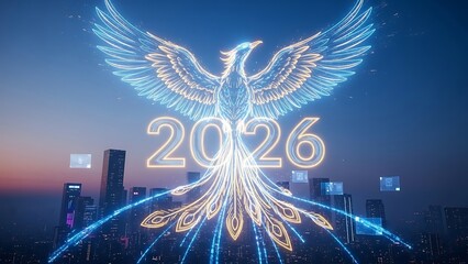 Luminous phoenix rises over cityscape displaying year 2026