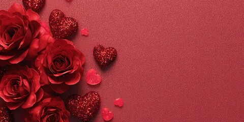 Romantic red roses and glitter hearts border design for valentines and love themes