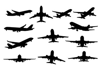 Collection of black airplane silhouettes in various flight positions against a white background.
