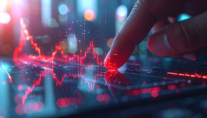 Market Trends Analysis: A close-up shot of a finger pointing at a glowing graph on a tablet, symbolizing the analysis of market trends and financial data.