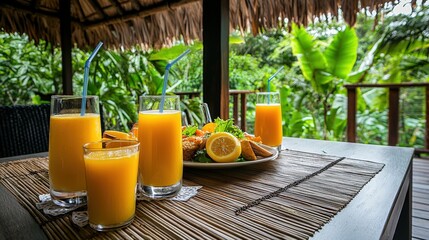 Refreshing orange juice and a healthy meal are served on a rustic table at an outdoor tropical restaurant surrounded by lush greenery and nature scenes.