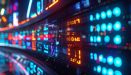 Digital Data Stream: The vibrant, futuristic display of data streams reflects the fast-paced, complex world of modern technology, with abstract lights and numbers on the display. 