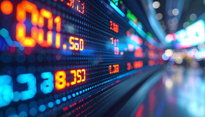 Stock Market Display: Capturing the dynamic essence of the stock market, vibrant figures and data points flow across a sleek, modern display, reflecting the pulse of global finance.