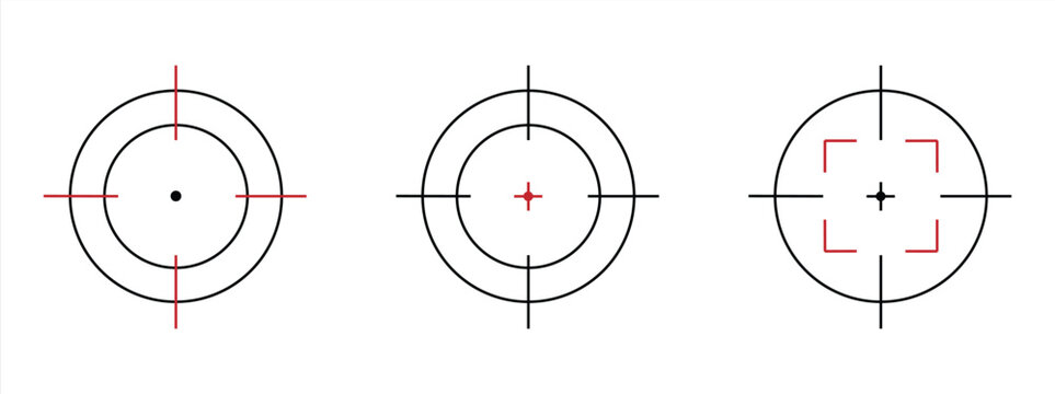 Target destination icon set. Aim sniper shoot group. Focus cursor bull eye mark collection. Vector isolated on white