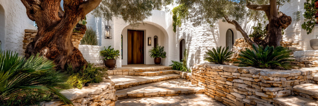 Mediterranean Villa Entrance Traditional White Architecture, Stone Steps, and Old Olive Trees