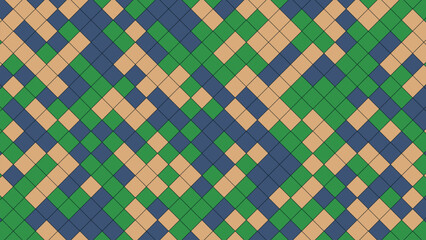 Abstract geometric pattern with repeating diamonds in earthy tones of green, blue, and tan.