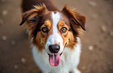 Close up portrait of happy Australian Shepherd dog. Beautiful aussie red tricolor canine pet looks up with tongue hanging out. Cheerful domestic animal face expression view from above.