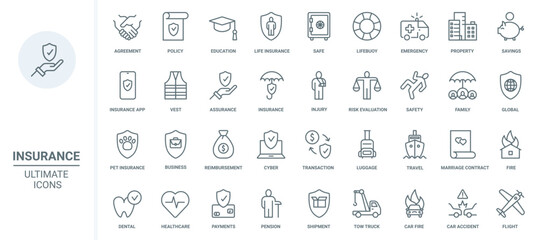 Insurance thin line icons set vector illustration. Abstract outline global financial protection shield for health, real estate and business, marriage contract and education agreement, healthcare