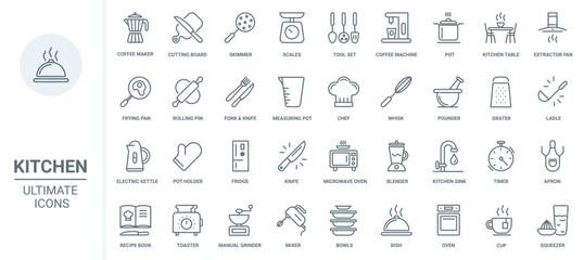 Kitchen thin line icons set vector illustration. Outline symbols of restaurant or home equipment and tools for cooking, coffee machine and hood, scales and microwave, chefs apron and recipe book