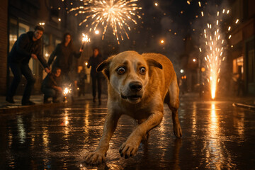A dog very frightened by the sound of gunpowder