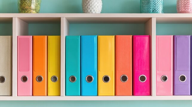 Colorful binders organized on a shelf in a workspace setting