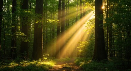 Obraz premium Brilliant golden sunbeams pierce through dense forest canopy onto a woodland path