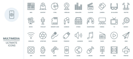 Multimedia content, equipment and entertainment thin line icons set vector illustration. Abstract outline video camera and microphone, photo, movie and music library mobile app, headphones and games