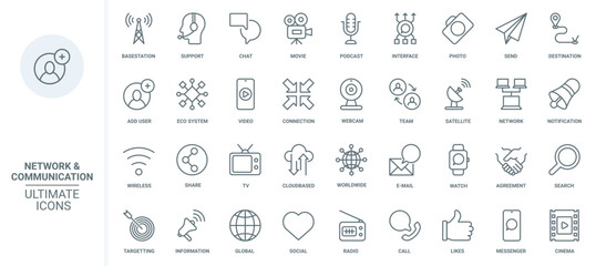 Social media, global network technology thin line icons set vector illustration. Outline communication tower and satellite system, global support, email notification and chat messages symbols