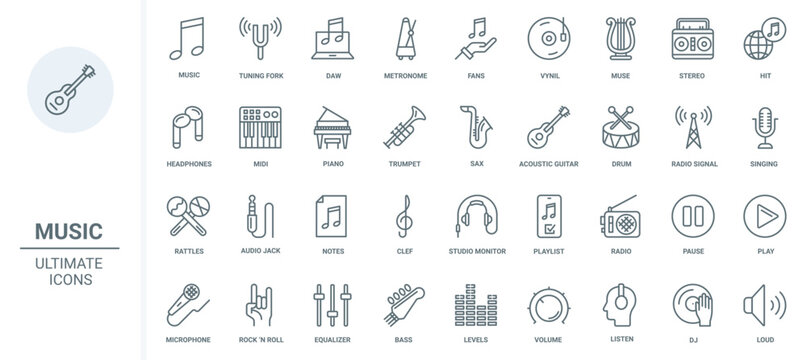 Music thin line icons set vector illustration. Outline musical instruments symbols and vinyl discs for fans, stereo speakers and headphones to listen studio sound, interface playlist buttons and notes