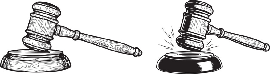 Wooden judge's gavel and sound block in black and white sketch, justice concept. Law, Justice, Auction, Authority, and Judgement Symbol Vector