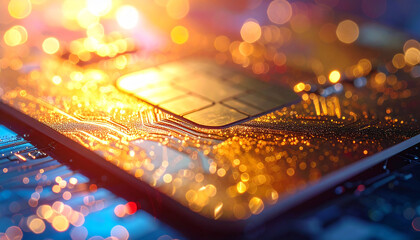 Tech's Electronic Tapestry: Intricate circuits and shimmering gold accents on a credit card create a captivating visual of the digital economy and financial transactions.